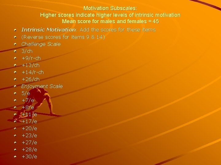 Motivation Subscales: Higher scores indicate higher levels of intrinsic motivation Mean score for males