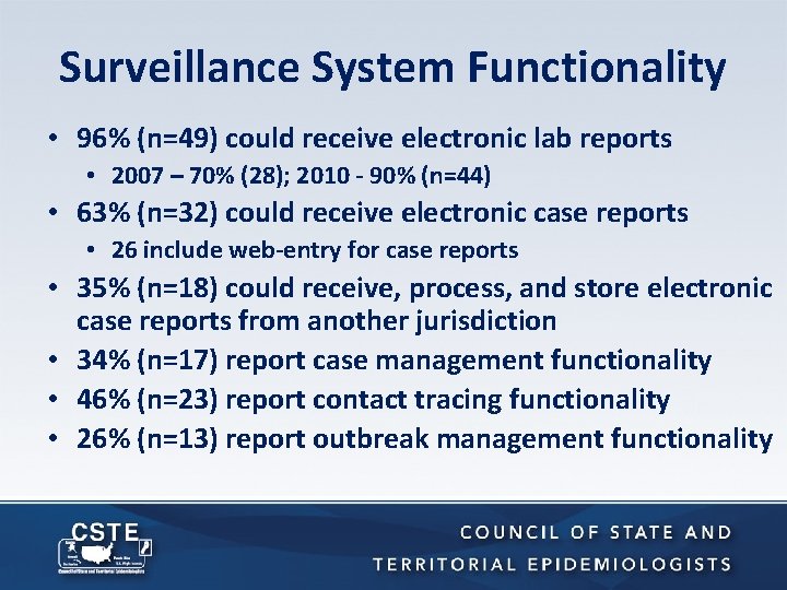 Surveillance System Functionality • 96% (n=49) could receive electronic lab reports • 2007 –