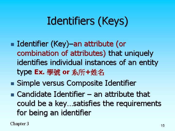 Identifiers (Keys) n n n Identifier (Key)–an attribute (or combination of attributes) that uniquely