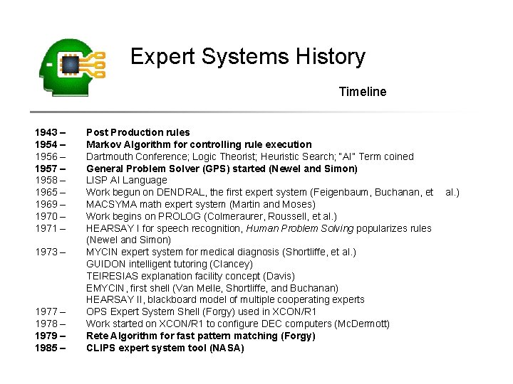 Expert Systems History Timeline 1943 – 1954 – 1956 – 1957 – 1958 –