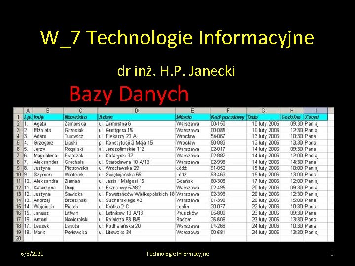 W_7 Technologie Informacyjne dr inż. H. P. Janecki Bazy Danych 6/3/2021 Technologie Informacyjne 1