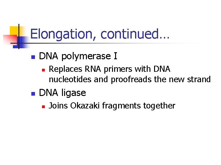 Elongation, continued… n DNA polymerase I n n Replaces RNA primers with DNA nucleotides Elongation, continued… n DNA polymerase I n n Replaces RNA primers with DNA nucleotides