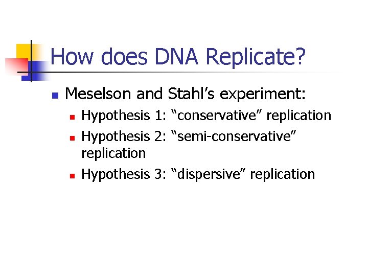 How does DNA Replicate? n Meselson and Stahl’s experiment: n n n Hypothesis 1: How does DNA Replicate? n Meselson and Stahl’s experiment: n n n Hypothesis 1:
