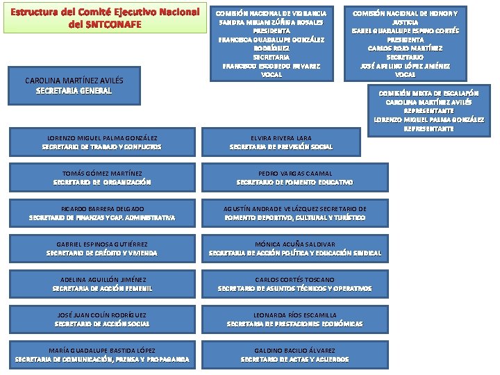 Estructura del Comité Ejecutivo Nacional del SNTCONAFE CAROLINA MARTÍNEZ AVILÉS SECRETARIA GENERAL LORENZO MIGUEL