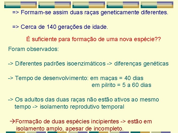 => Formam-se assim duas raças geneticamente diferentes. => Cerca de 140 gerações de idade. => Formam-se assim duas raças geneticamente diferentes. => Cerca de 140 gerações de idade.