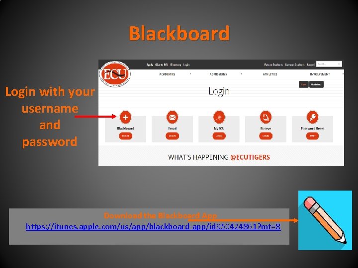 Blackboard Login with your username and password Download the Blackboard App https: //itunes. apple.