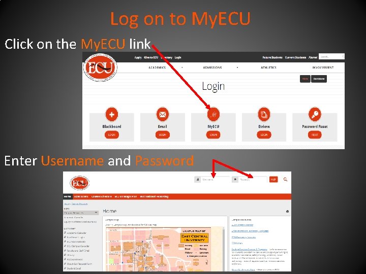 Log on to My. ECU Click on the My. ECU link Enter Username and
