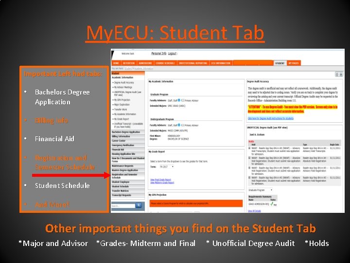My. ECU: Student Tab Important Left had tabs: • Bachelors Degree Application • Billing