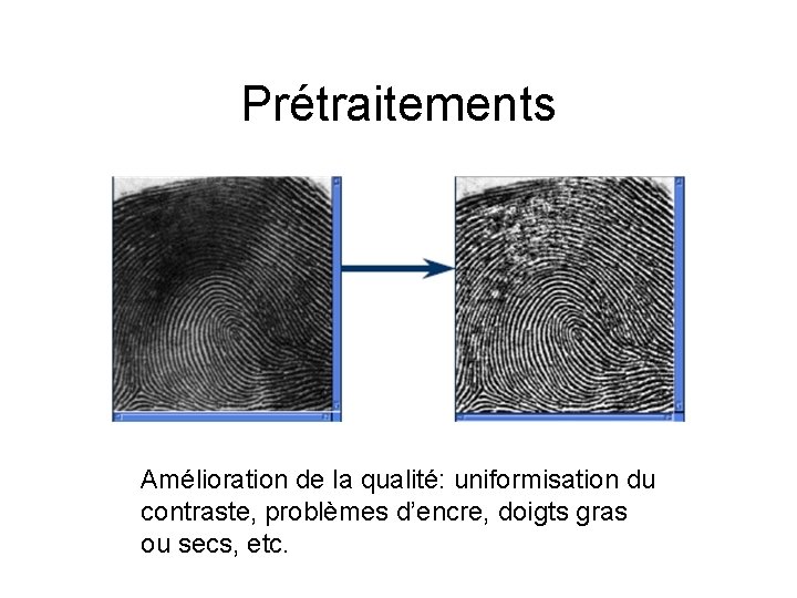 Prétraitements Amélioration de la qualité: uniformisation du contraste, problèmes d’encre, doigts gras ou secs,