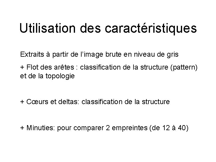 Utilisation des caractéristiques Extraits à partir de l’image brute en niveau de gris +