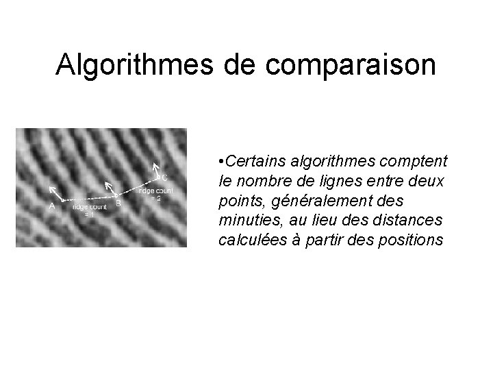 Algorithmes de comparaison • Certains algorithmes comptent le nombre de lignes entre deux points,