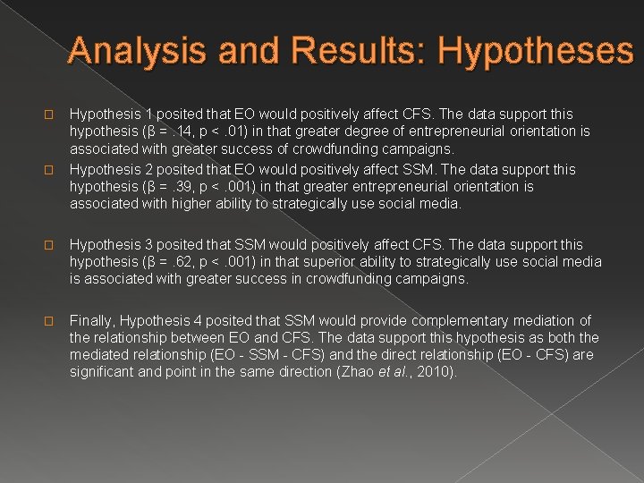 Analysis and Results: Hypotheses � � Hypothesis 1 posited that EO would positively affect