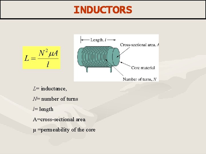 INDUCTORS L= inductance, N= number of turns l= length A=cross-sectional area µ =permeability of