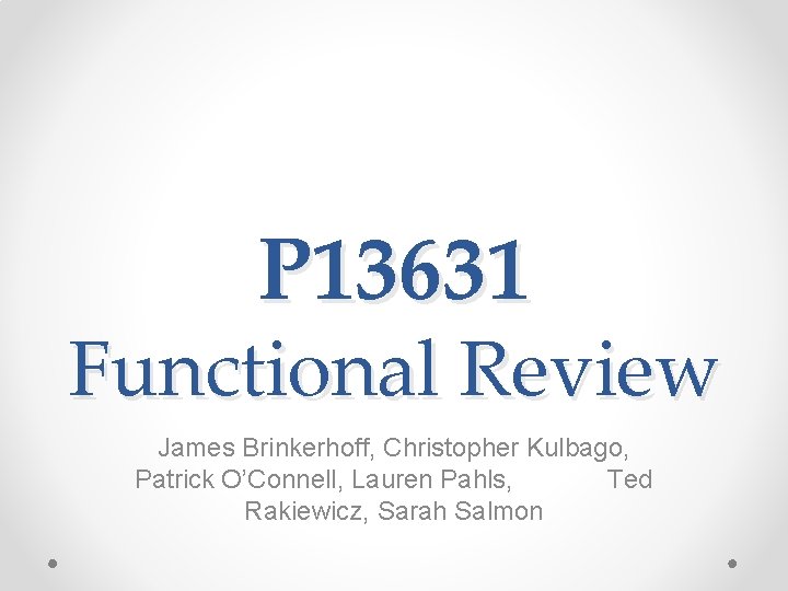 P 13631 Functional Review James Brinkerhoff, Christopher Kulbago, Patrick O’Connell, Lauren Pahls, Ted Rakiewicz,
