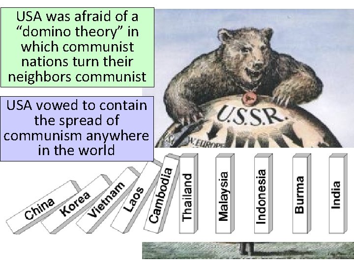 USA was afraid of a “domino theory” in which communist nations turn their neighbors