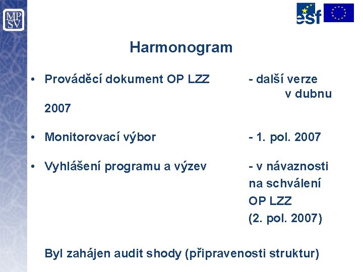 Harmonogram • Prováděcí dokument OP LZZ - další verze v dubnu 2007 • Monitorovací