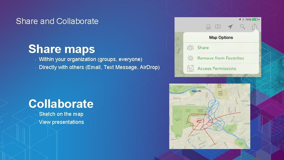Share and Collaborate Share maps - Within your organization (groups, everyone) - Directly with
