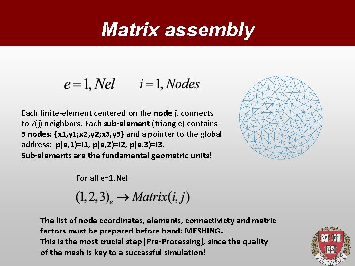 Matrix assembly Each finite-element centered on the node j, connects to Z(j) neighbors. Each