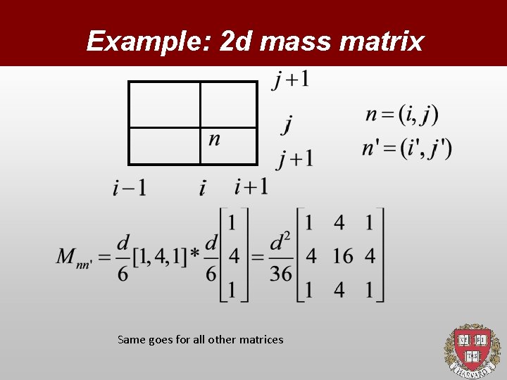 Example: 2 d mass matrix Same goes for all other matrices 
