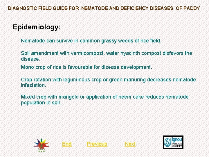 DIAGNOSTIC FIELD GUIDE FOR NEMATODE AND DEFICIENCY DISEASES OF PADDY Epidemiology: Nematode can survive