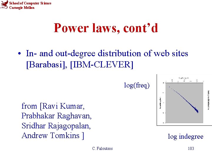 School of Computer Science Carnegie Mellon Power laws, cont’d • In- and out-degree distribution