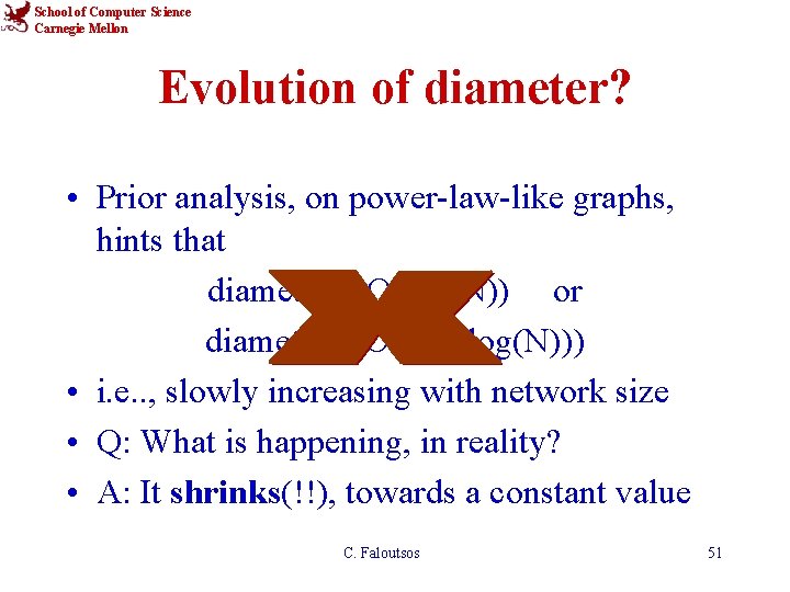 School of Computer Science Carnegie Mellon Evolution of diameter? • Prior analysis, on power-law-like
