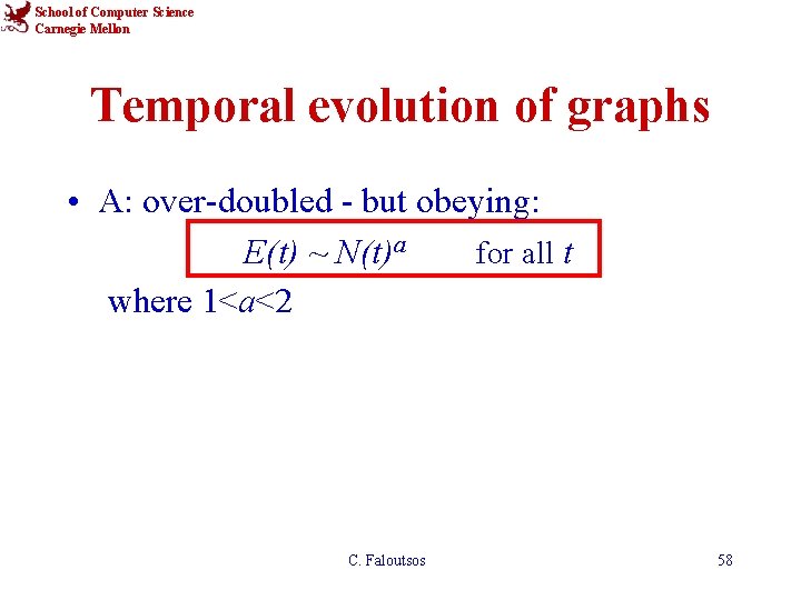 School of Computer Science Carnegie Mellon Temporal evolution of graphs • A: over-doubled -