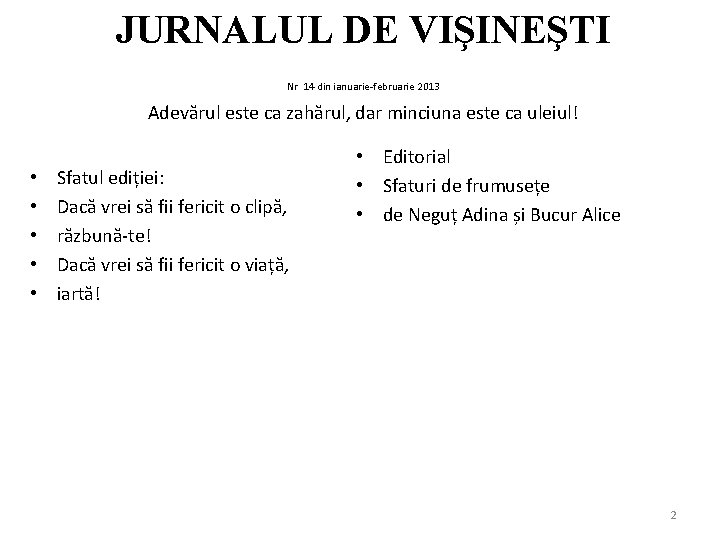 JURNALUL DE VIŞINEŞTI Nr 14 din ianuarie-februarie 2013 Adevărul este ca zahărul, dar minciuna