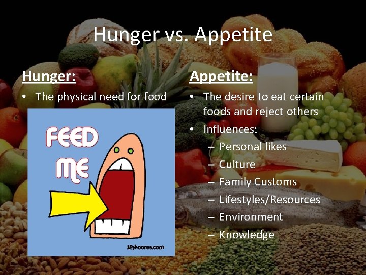 Hunger vs. Appetite Hunger: Appetite: • The physical need for food • The desire