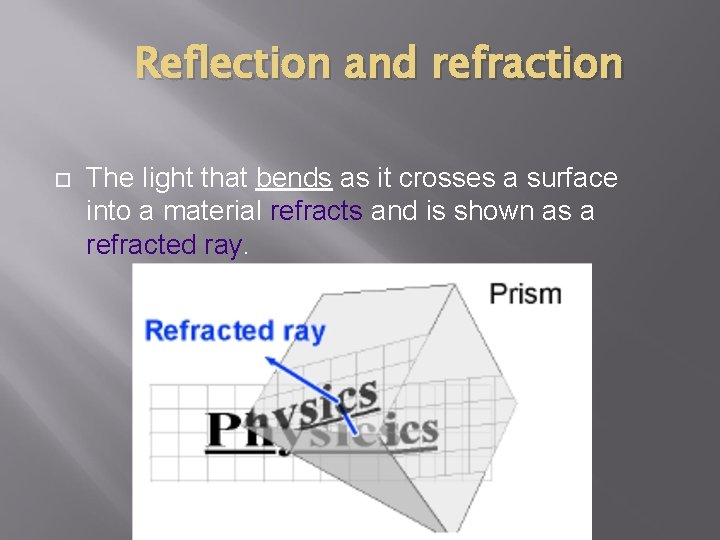 Reflection and refraction The light that bends as it crosses a surface into a Reflection and refraction The light that bends as it crosses a surface into a