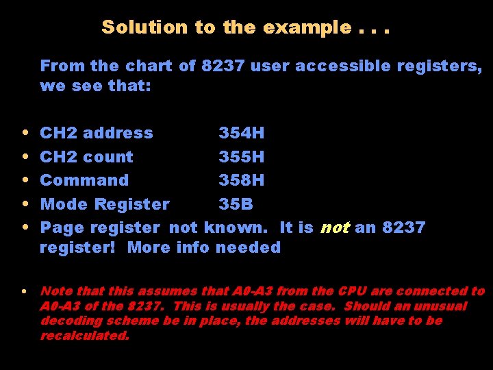 Solution to the example. . . From the chart of 8237 user accessible registers,