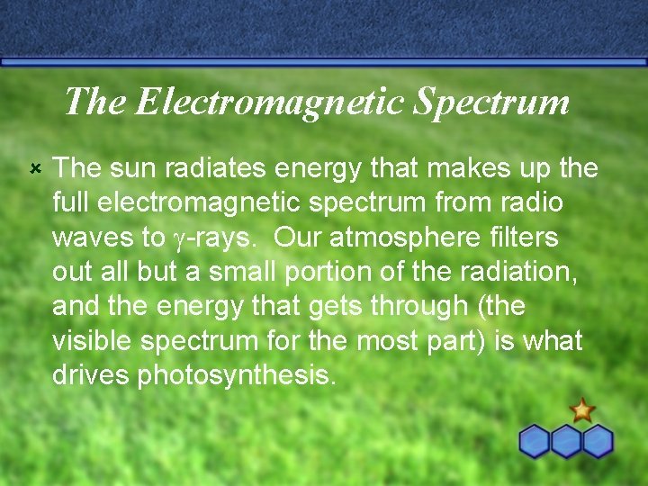 The Electromagnetic Spectrum û The sun radiates energy that makes up the full electromagnetic