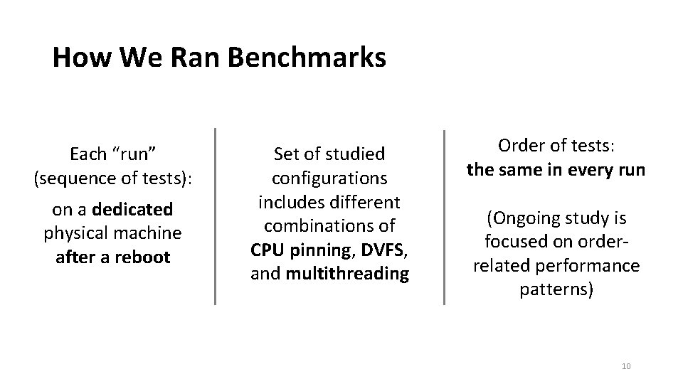 How We Ran Benchmarks Each “run” (sequence of tests): on a dedicated physical machine