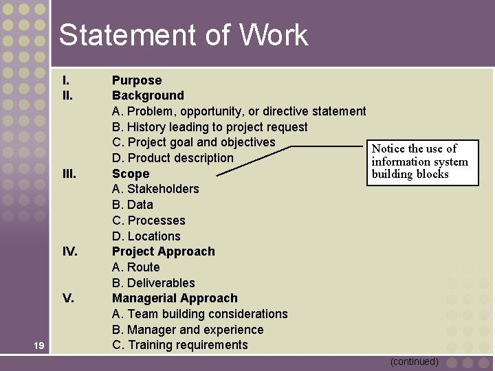 Statement of Work I. II. IV. 19 Purpose Background A. Problem, opportunity, or directive