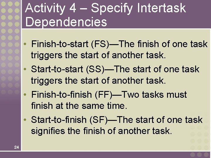 Activity 4 – Specify Intertask Dependencies • Finish-to-start (FS)—The finish of one task triggers