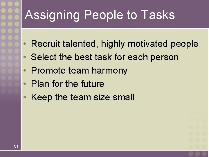 Assigning People to Tasks • • • 31 Recruit talented, highly motivated people Select