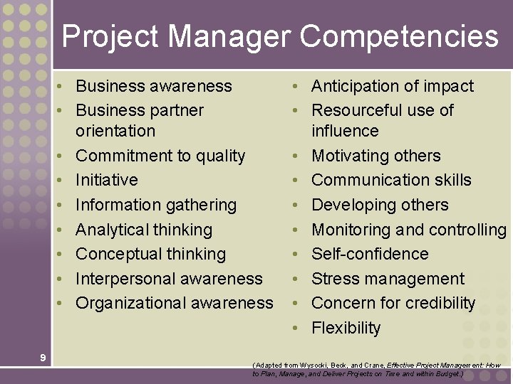Project Manager Competencies • Business awareness • Business partner orientation • Commitment to quality