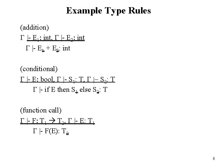 Example Type Rules (addition) G |- E 1: int, G |- E 2: int