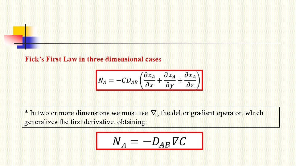 Fick’s First Law in three dimensional cases * In two or more dimensions we