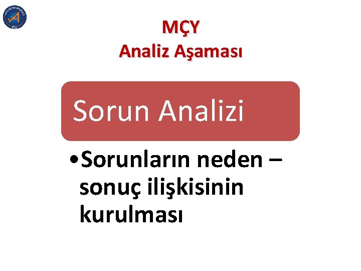 MÇY Analiz Aşaması Sorun Analizi • Sorunların neden – sonuç ilişkisinin kurulması 