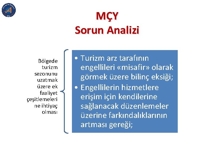 MÇY Sorun Analizi Bölgede turizm sezonunu uzatmak üzere ek faaliyet çeşitlemeleri ne ihtiyaç olması