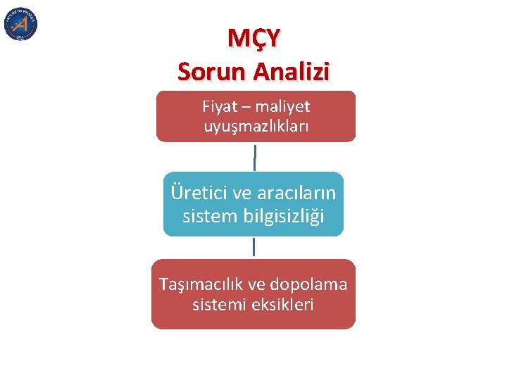 MÇY Sorun Analizi Fiyat – maliyet uyuşmazlıkları Üretici ve aracıların sistem bilgisizliği Taşımacılık ve