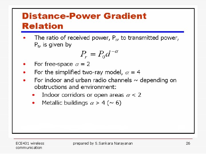 ECE 431 wireless communication prepared by S. Sankara Narayanan 26 ECE 431 wireless communication prepared by S. Sankara Narayanan 26