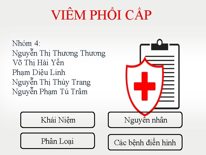 VIÊM PHỔI CẤP Nhóm 4: Nguyễn Thị Thương Võ Thị Hải Yến Phạm Diệu