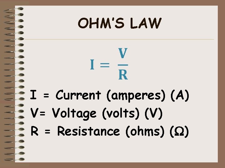 OHM’S LAW I = Current (amperes) (A) V= Voltage (volts) (V) R = Resistance