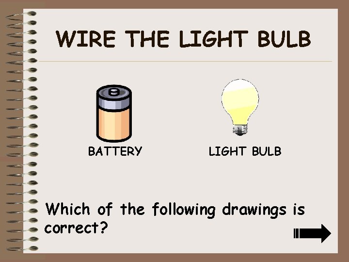 WIRE THE LIGHT BULB BATTERY LIGHT BULB Which of the following drawings is correct?