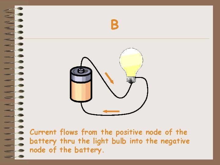 B Current flows from the positive node of the battery thru the light bulb