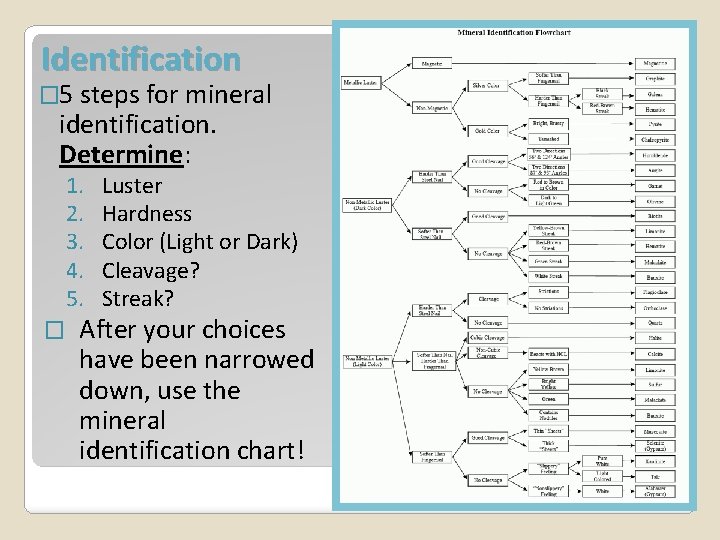 Identification � 5 steps for mineral identification. Determine: 1. 2. 3. 4. 5. �