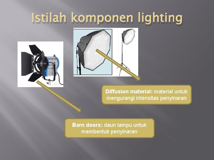 Istilah komponen lighting Diffusion material: material untuk mengurangi intensitas penyinaran Barn doors: daun lampu