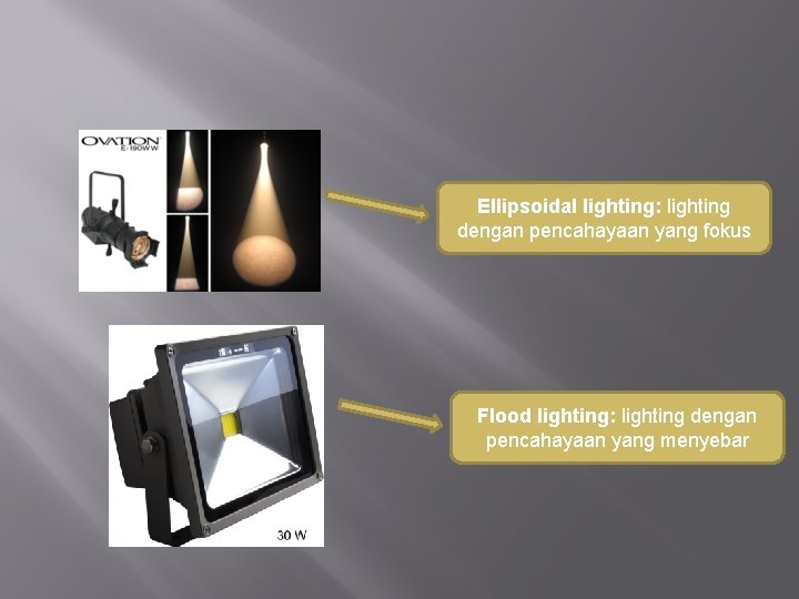 Ellipsoidal lighting: lighting dengan pencahayaan yang fokus Flood lighting: lighting dengan pencahayaan yang menyebar